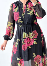 Size XS-S Black Floral Print Midi Dress