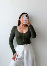 Size S-M Olive Ribbed Zip Bodysuit