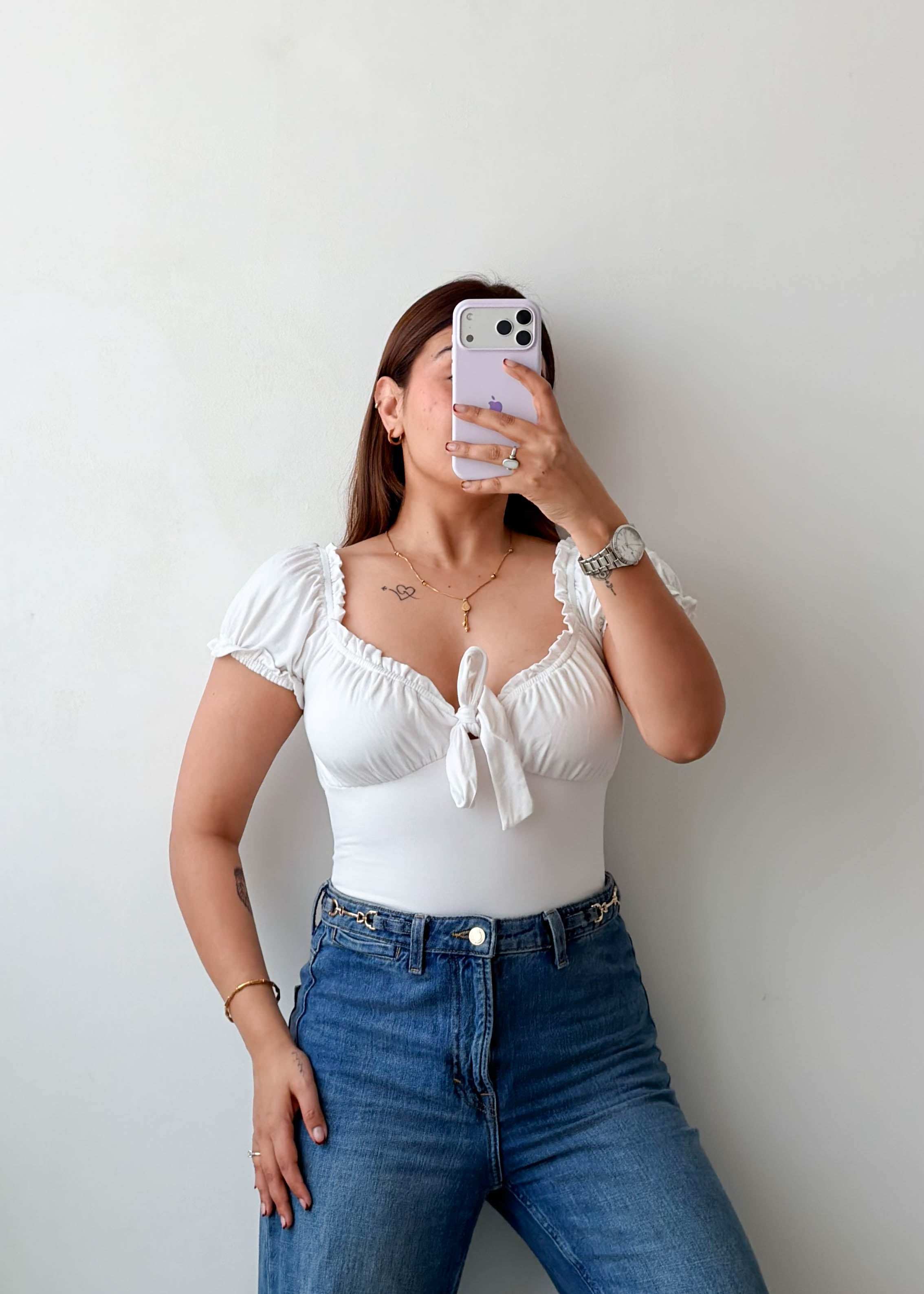Size XS-S White Ruched Tie-Up Bodysuit