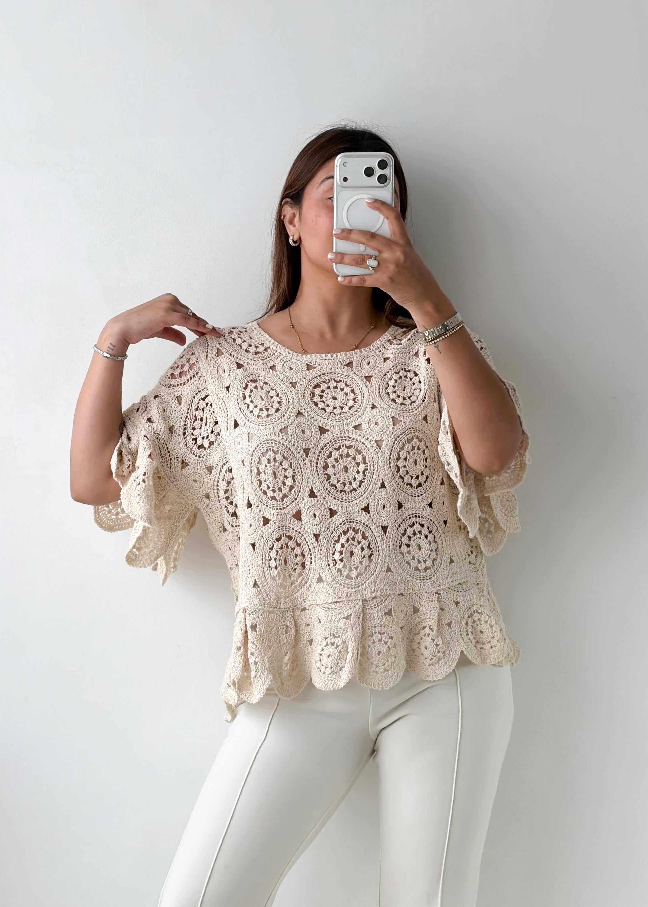 Size M-L Cream Crochet Peplum Top