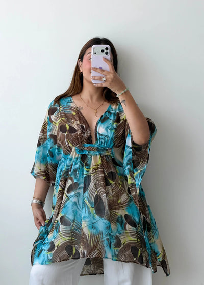 Size M-L Blue Printed Kaftan Top