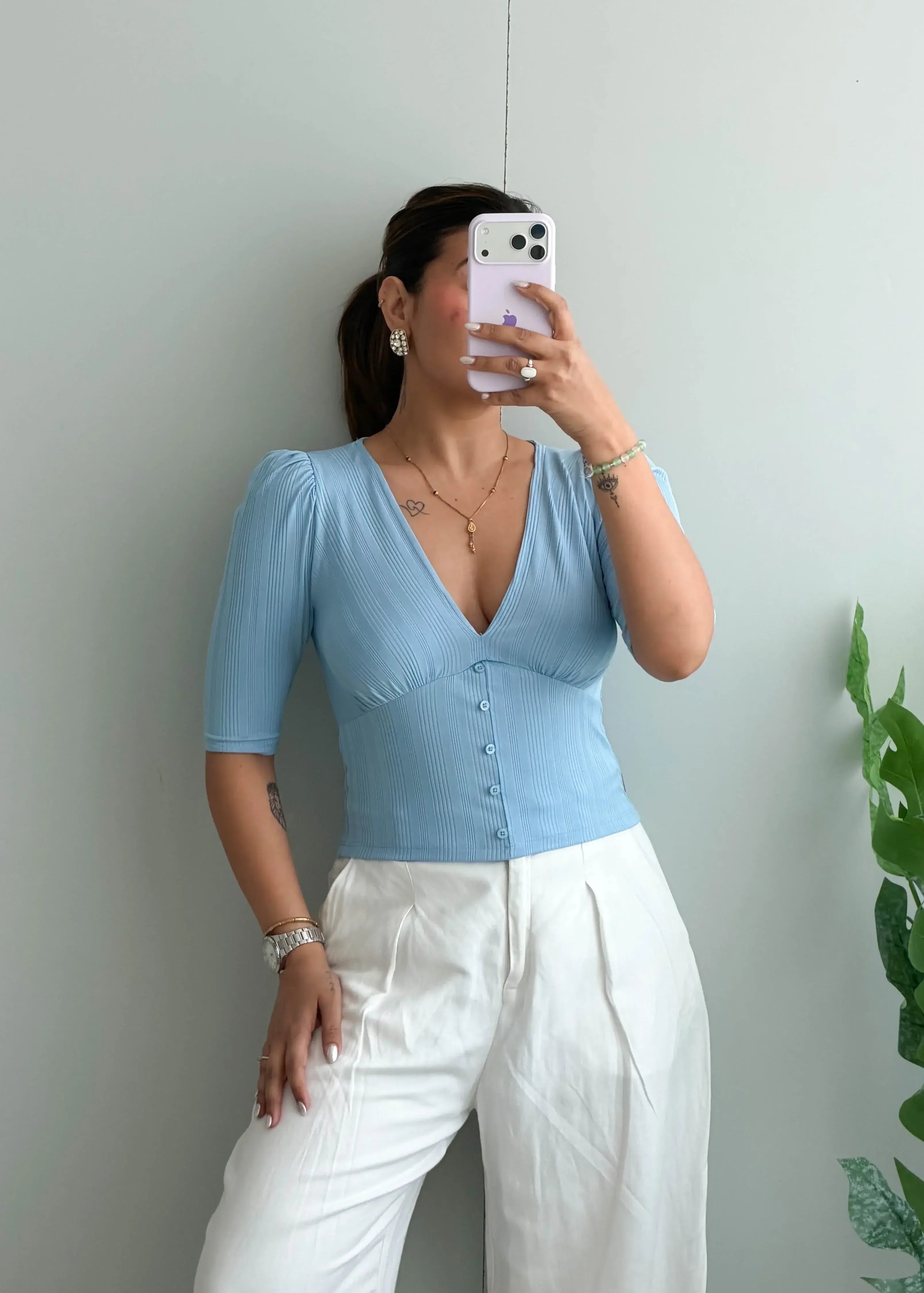 Size S-M, Light Blue Button Front Ribbed Top - Closet by Payal