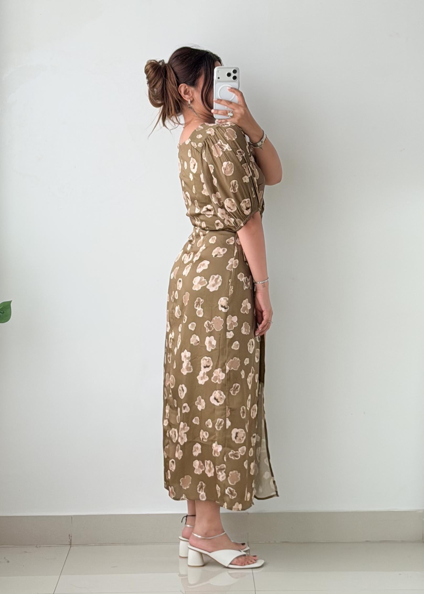 Size M-L Olive Floral Print Wrap Maxi Dress