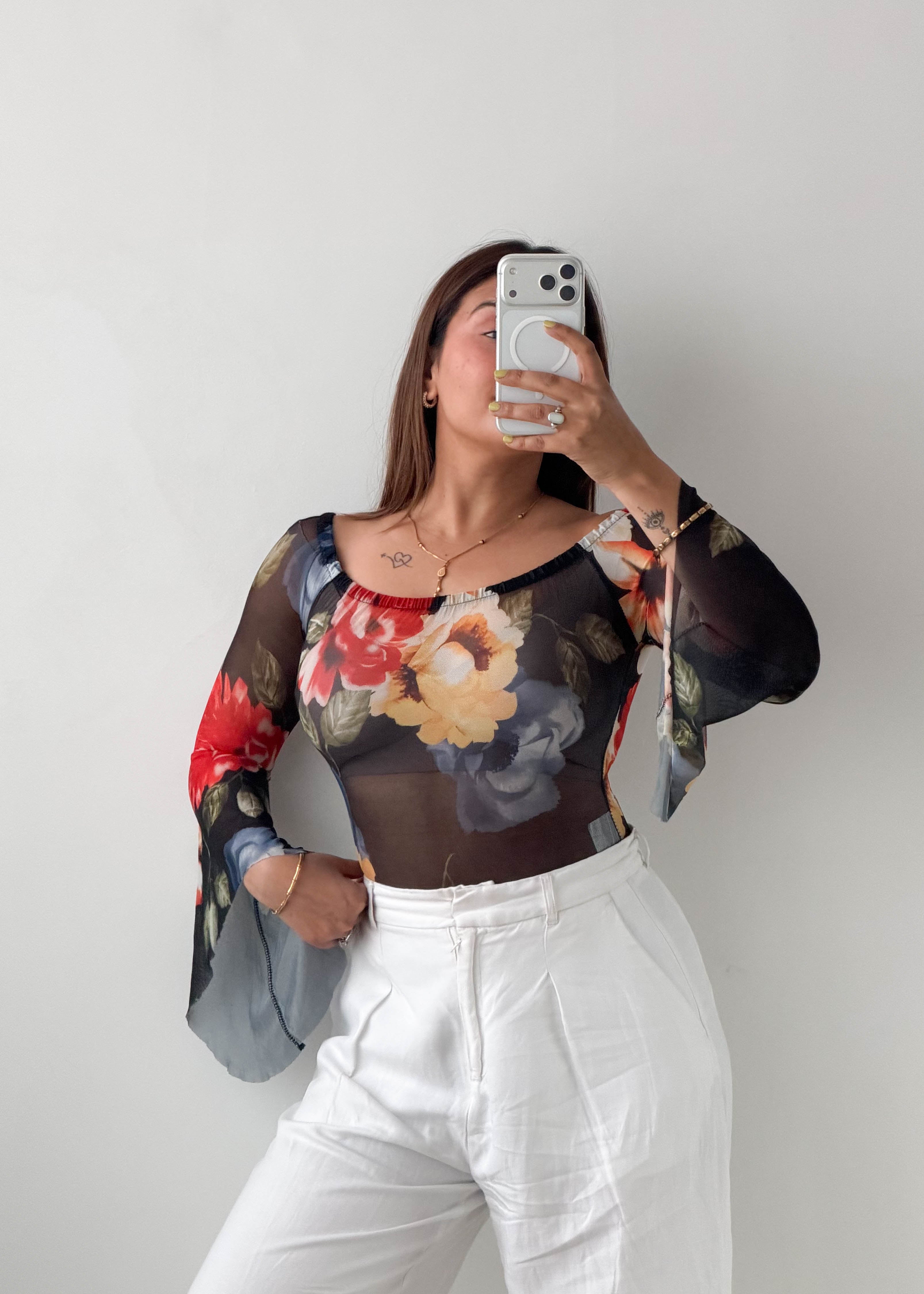 Size S-M Black Floral Mesh Bodysuit