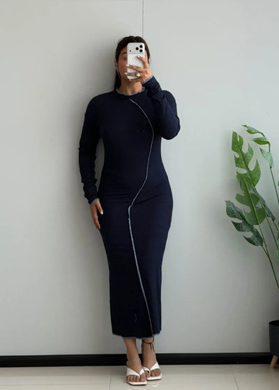 SIZE M-L, Navy Long Sleeve Midi Jersey Dress - Closet by Payal