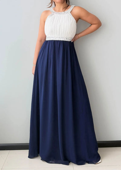 Size M-L, Navy & White Halter Maxi Dress - Closet by Payal