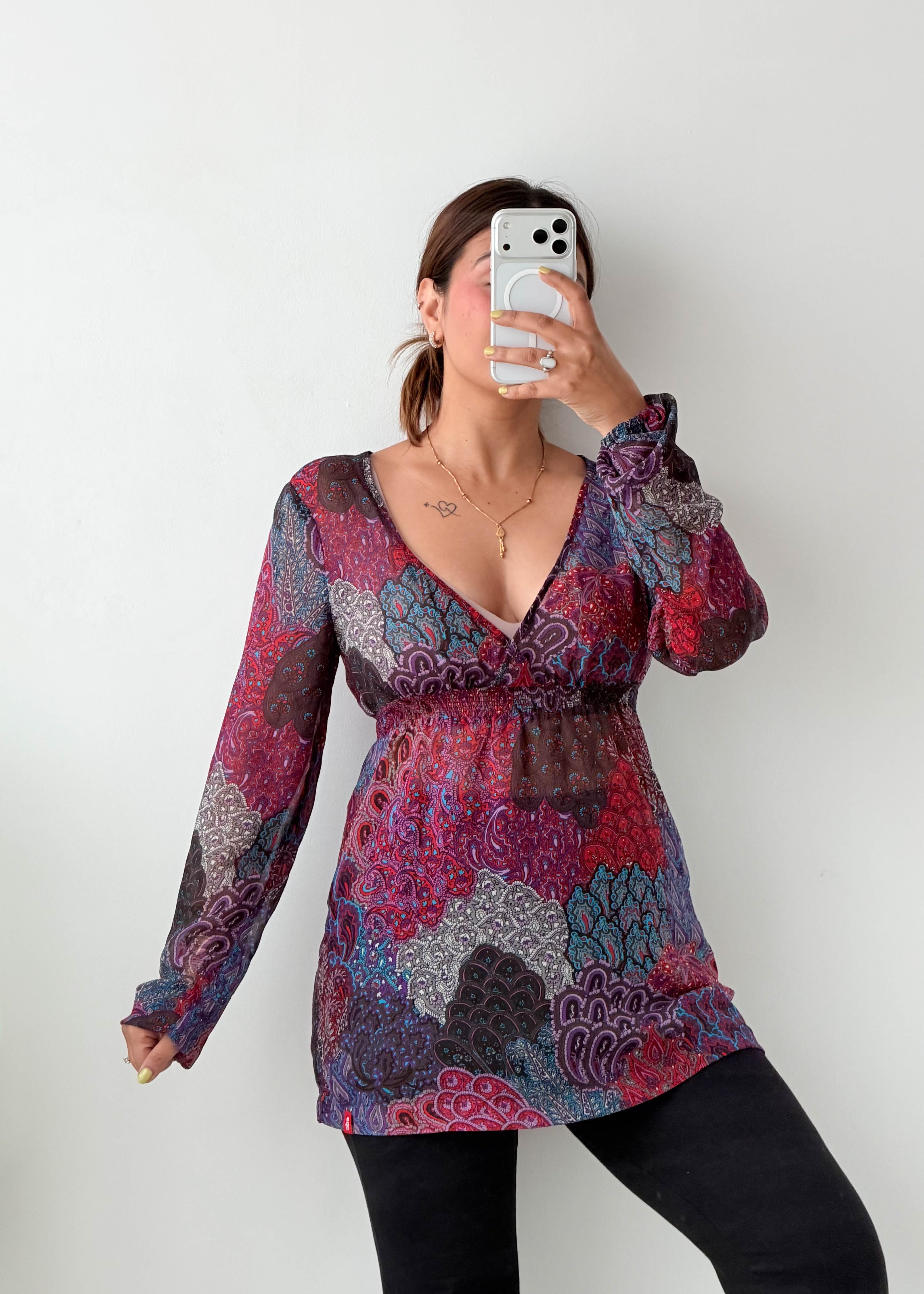 Size S-M Burgundy Paisley Empire Waist Top