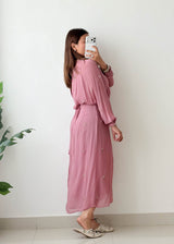 Size S-M Mauve Embroidered Belted Midi Dress