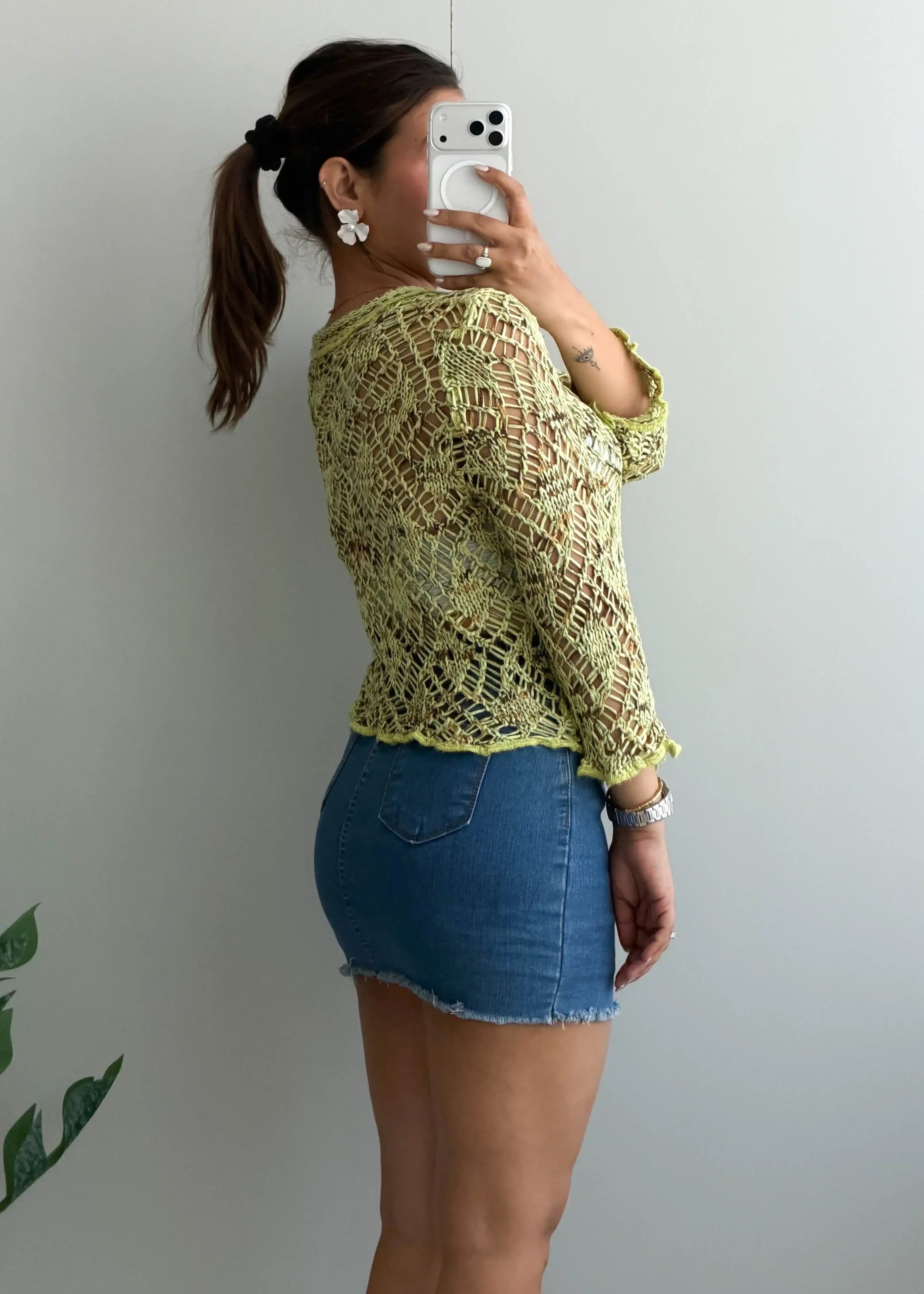Size XS-M, Light Green Tie-Front Crochet Cardigan - Closet by Payal