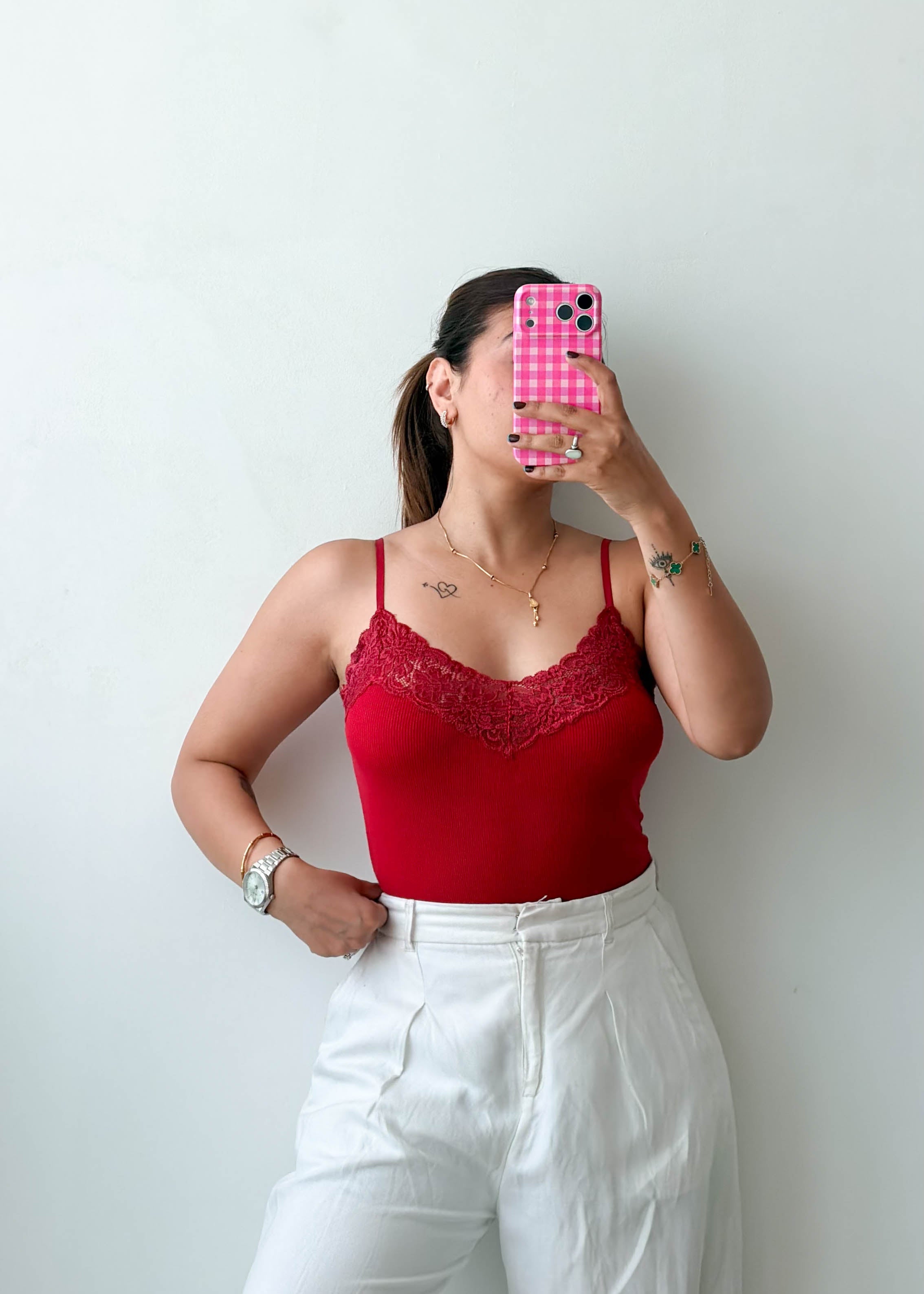Size S-M Red Lace Trim Cami Top