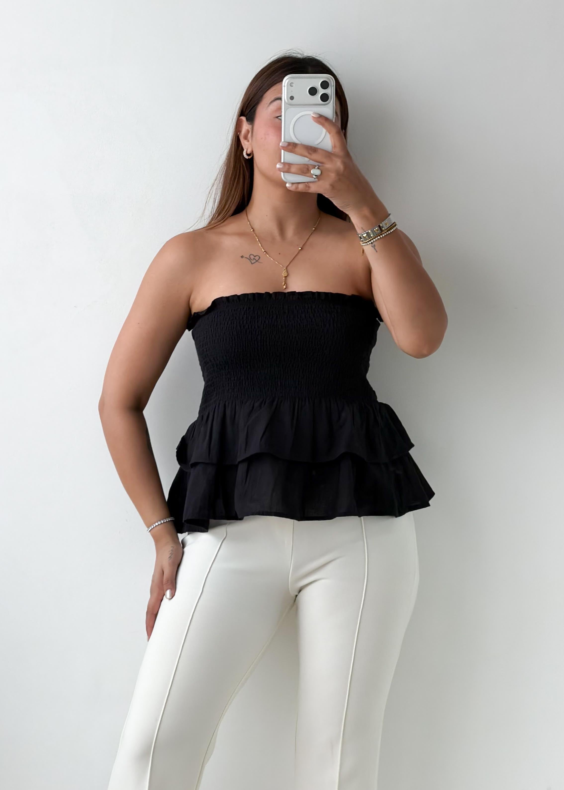 Size S-M Black Smocked Peplum Tube Top