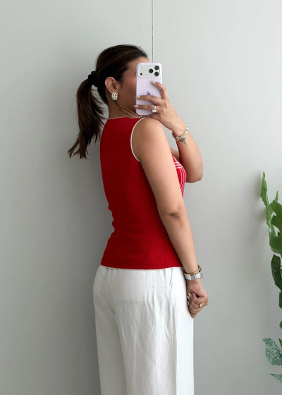 Size S-M, Red Contrast Stitch Sleeveless Top - Closet by Payal