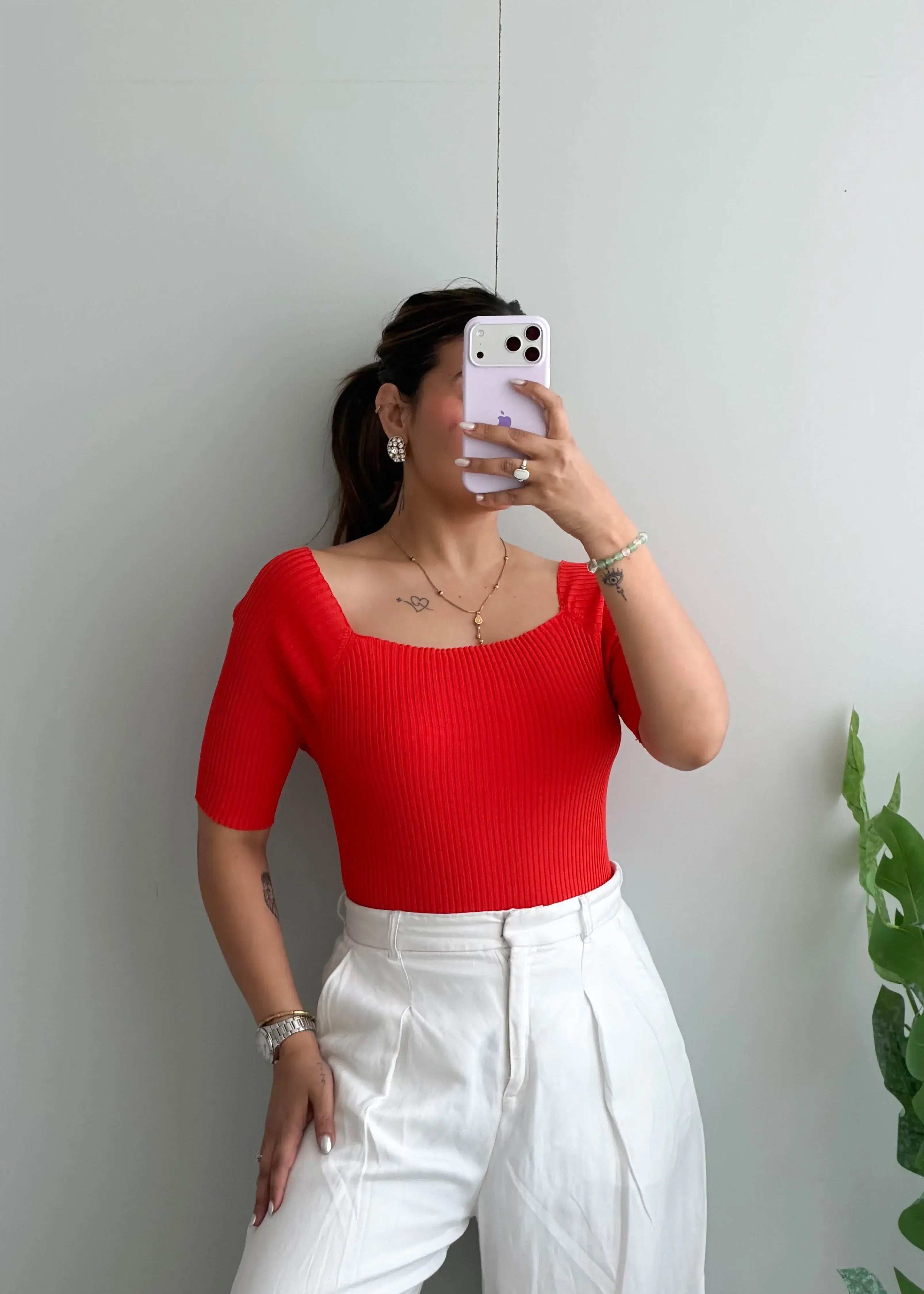 Size M-L, Red Square Neck Ribbed Top - Closet by Payal