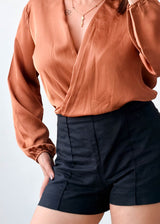 Size S-M Copper Satin Wrap Long Sleeve Bodysuit