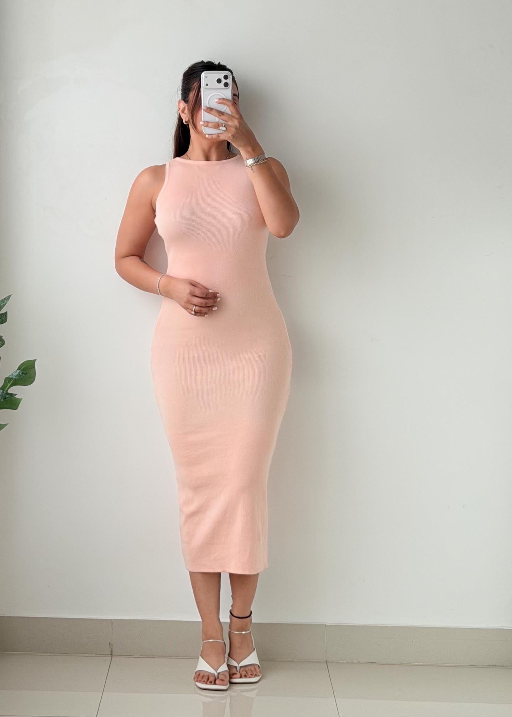 Size XS-S Blush Pink Ribbed Knit Midi Dress