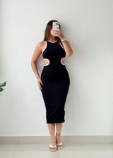 Size S-M Black Contrast Cut-Out Knit Midi Dress