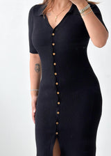 Size S-M Black Ribbed Button-Front Midi Dress