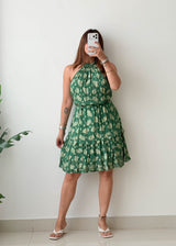 Size M-L Green Floral Halter Mini Dress