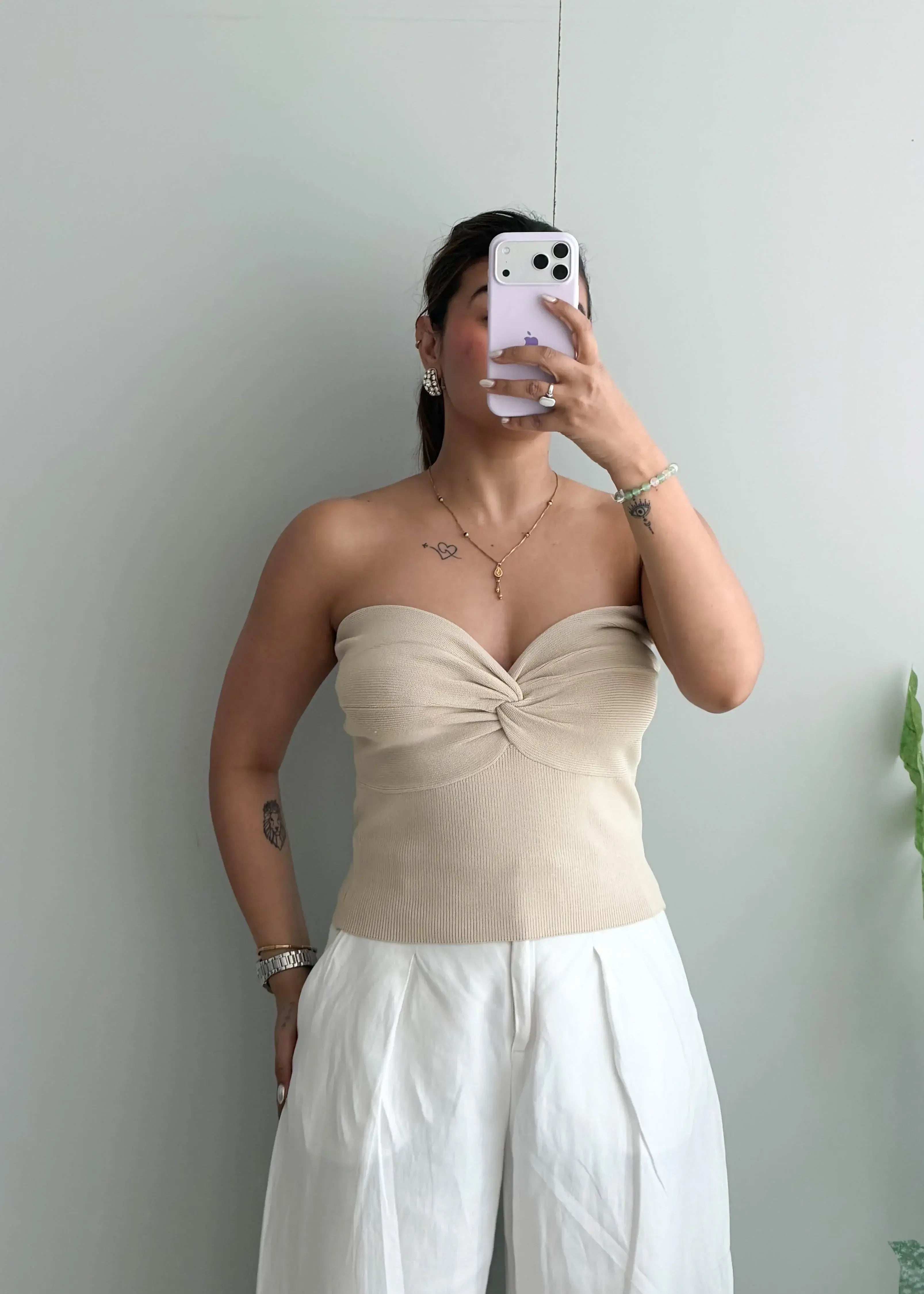 Size M-L, Beige Strapless Twist Ribbed Top - Closet by Payal