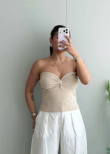 Size M-L, Beige Strapless Twist Ribbed Top - Closet by Payal