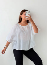 Size M-L White Relaxed Puff Sleeve Blouse