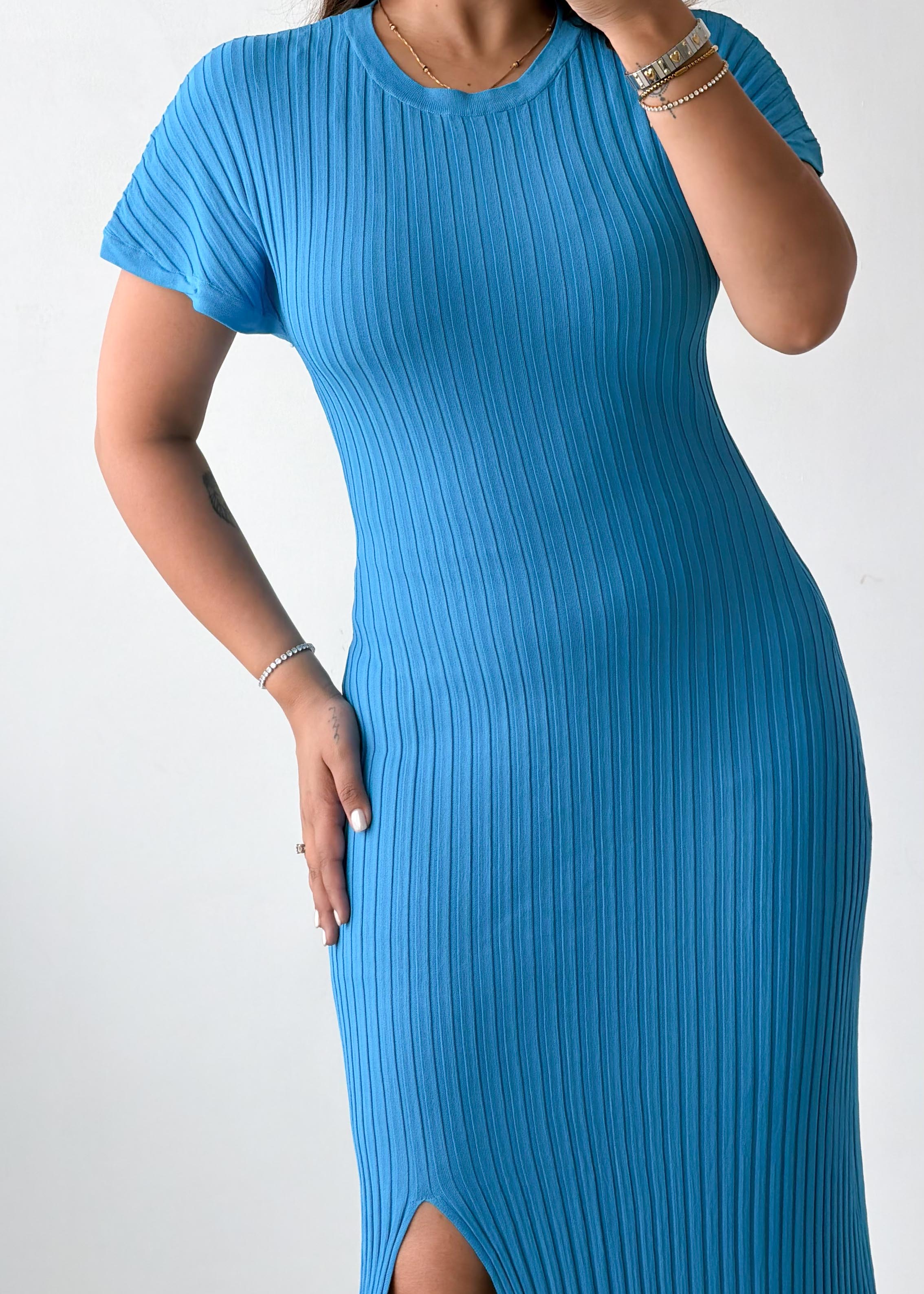 Size S-M Sky Blue Ribbed Knit Maxi Dress