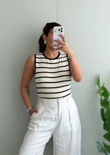 Size M-L, Black & White Striped Sleeveless Top - Closet by Payal