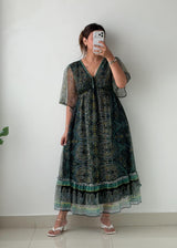 Size S-M Green Printed Mesh Maxi Dress