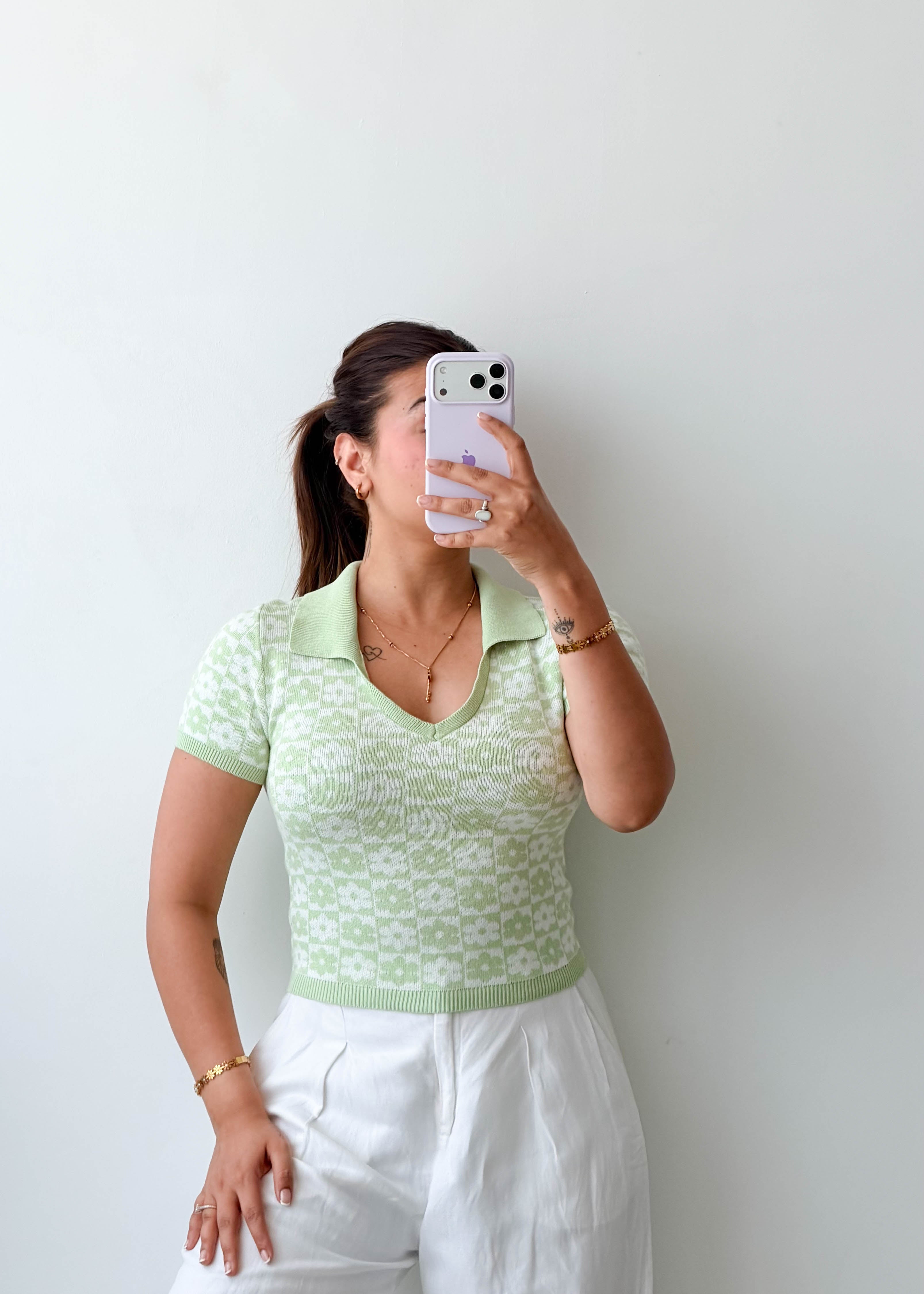 Size S-M Sage Green Pattern Knit Polo Top