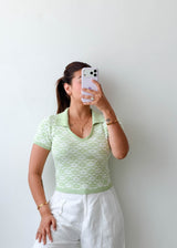 Size S-M Sage Green Pattern Knit Polo Top