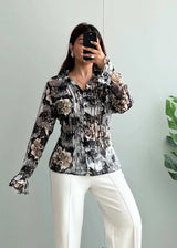 Size M-L, Black Floral Chiffon Shirt with Ruffle Sleeves - Closet by Payal