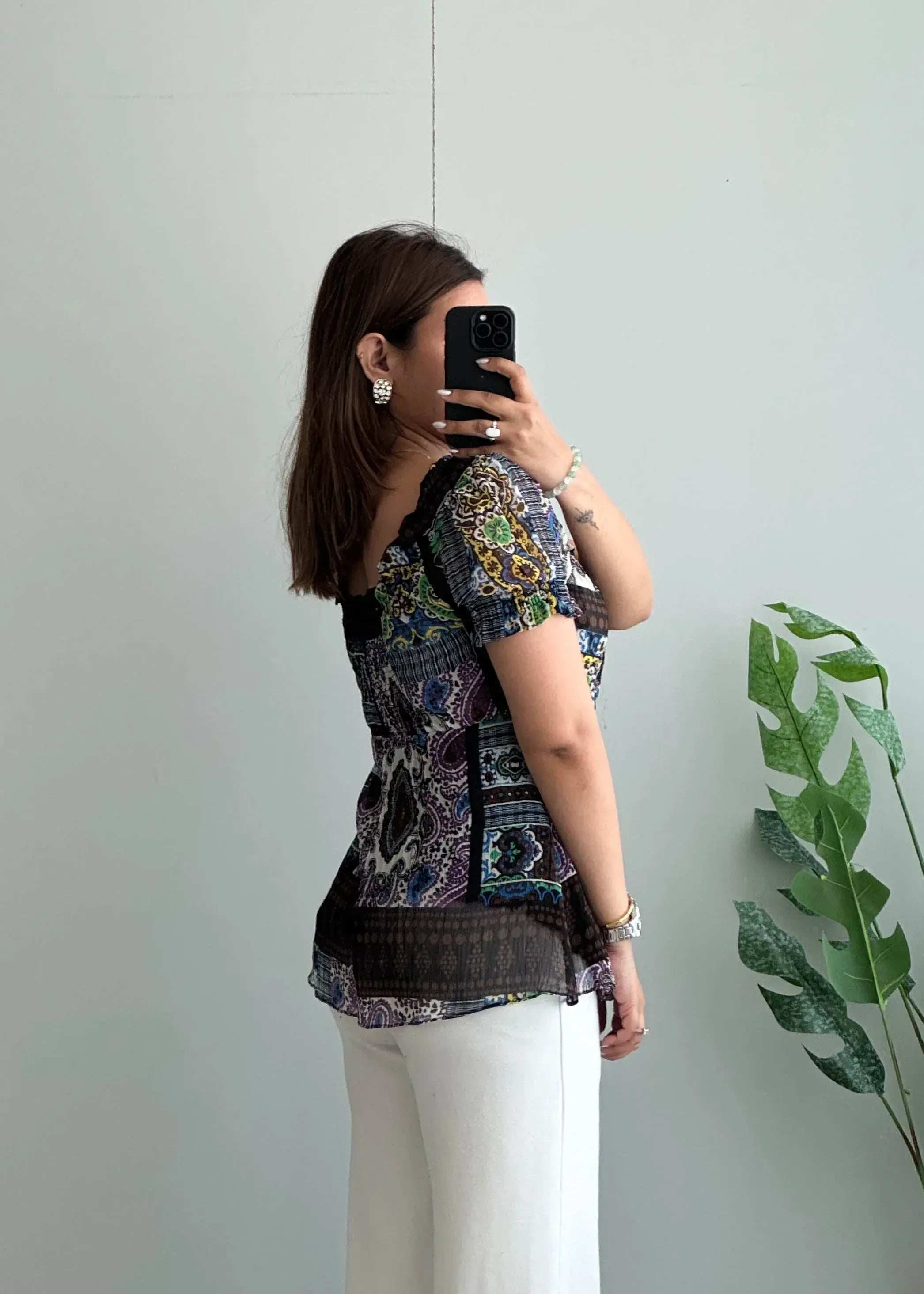 Size M-L, Boho Patchwork Smocked Peplum Top for Women - Closet by Payal