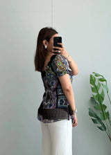 Size M-L, Boho Patchwork Smocked Peplum Top for Women - Closet by Payal