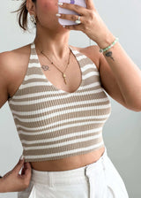 Size S-M, Beige & White Striped Halter Neck Top - Closet by Payal