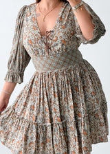 Size S-M Beige Floral Print Puff Sleeve Mini Dress
