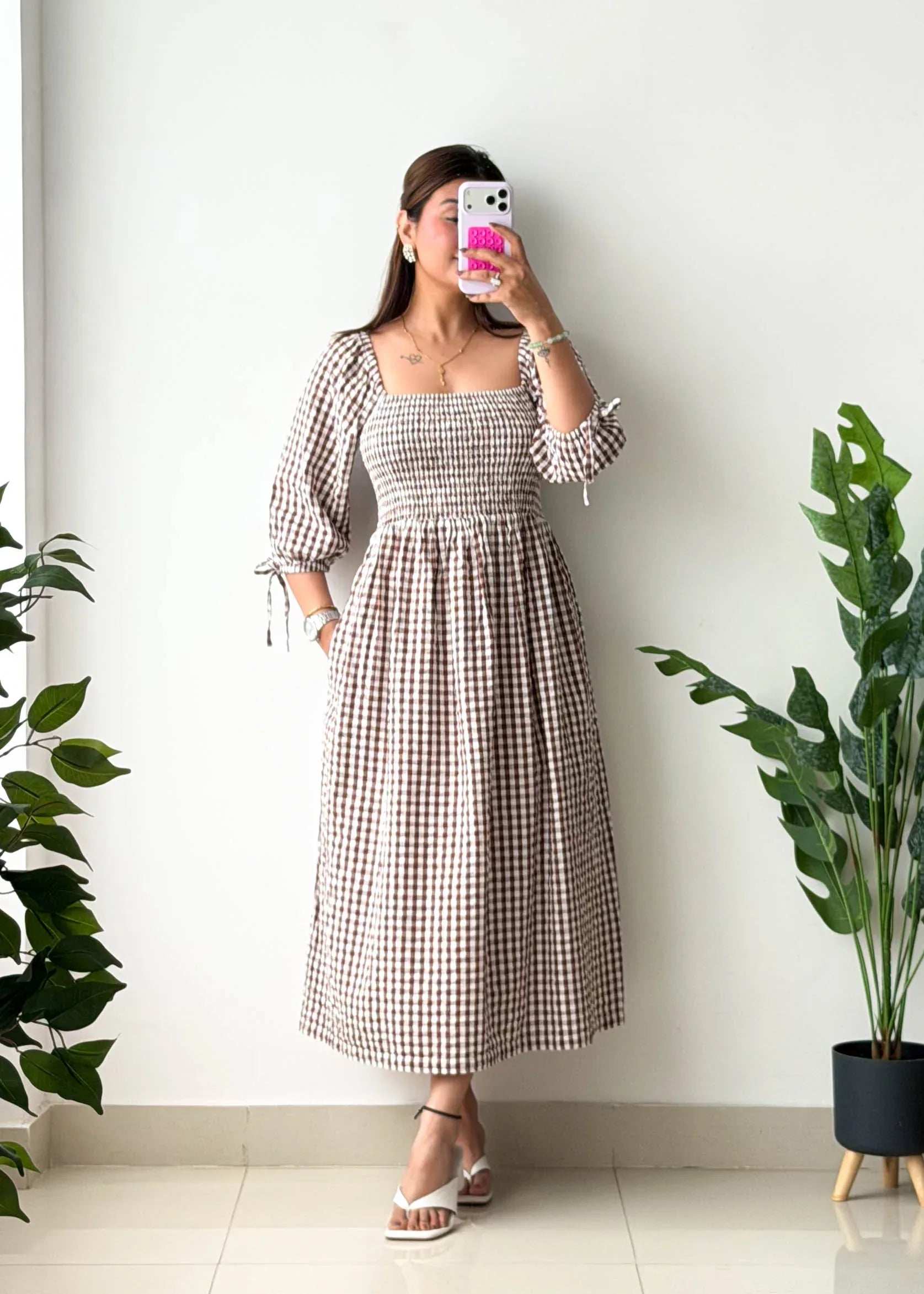 Size M-L, Brown Gingham Smocked Midi Dress