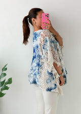 Free Size Blue Tie-Dye Crochet Kaftan Top