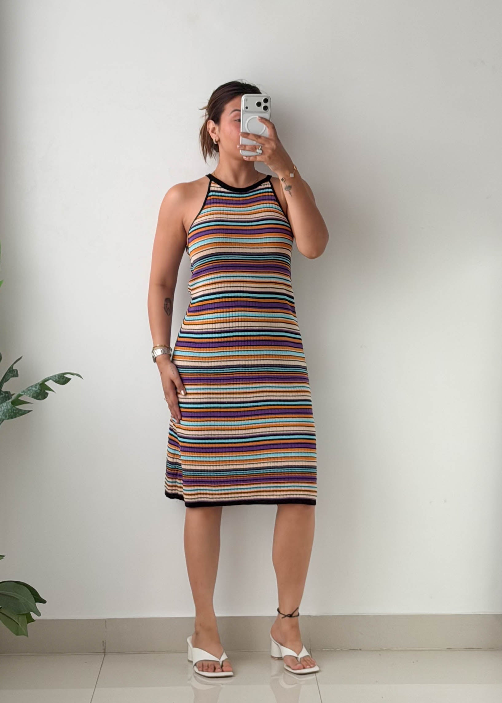 Size L-XL Multicolor Striped Ribbed Knit Midi Dress