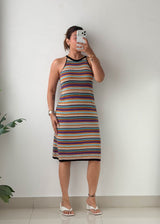 Size L-XL Multicolor Striped Ribbed Knit Midi Dress