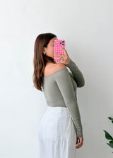 Size XS-S Sage Lace-Up Off-Shoulder Bodysuit