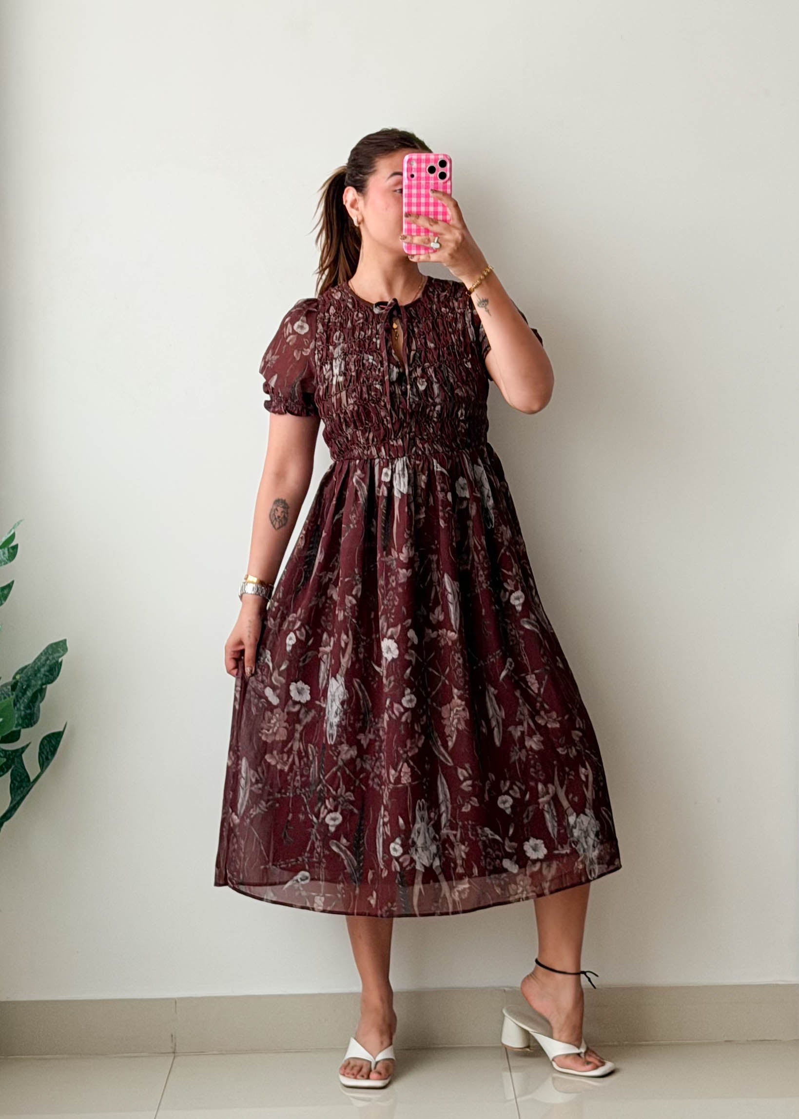 Size M-L Burgundy Floral Organza Midi Dress