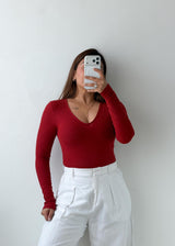 Size S-M Red Ribbed V-Neck Top