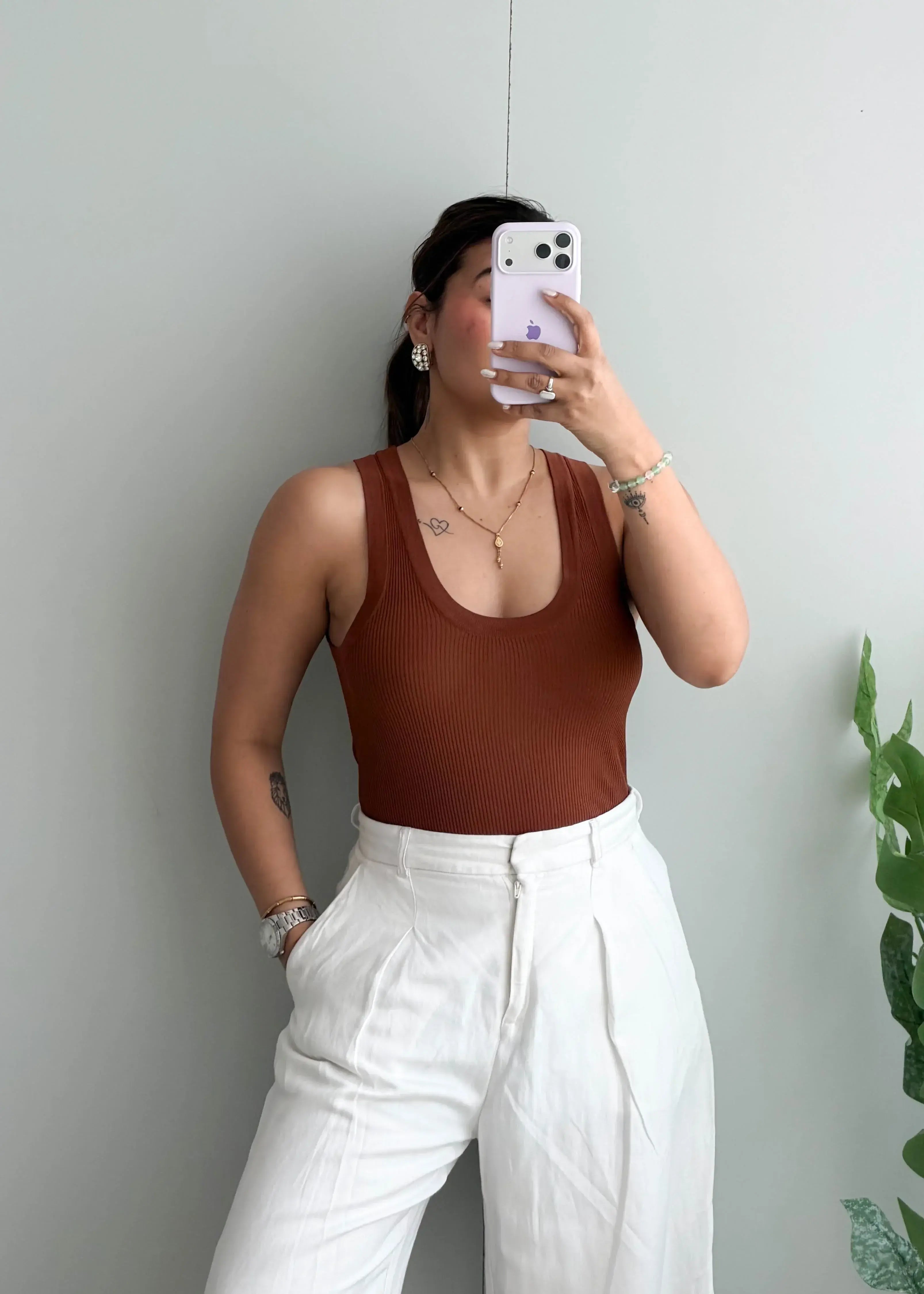 Size S-M, Brown Ribbed Sleeveless Tank Top - Closet by Payal