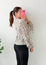 Size S-M White Leaf Print Ruffle Top