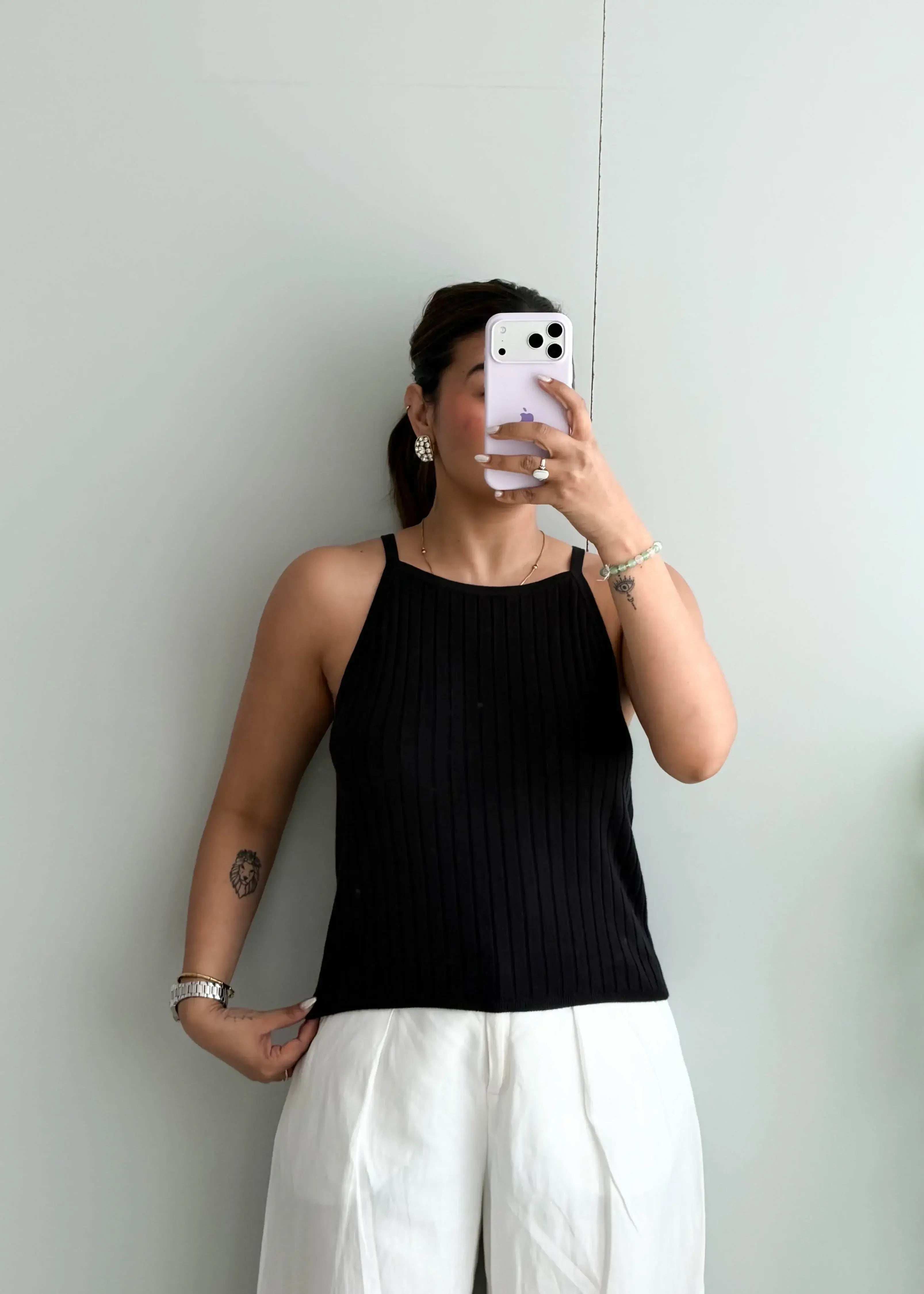 Size L-XL, Black Ribbed Sleeveless Top - Closet by Payal