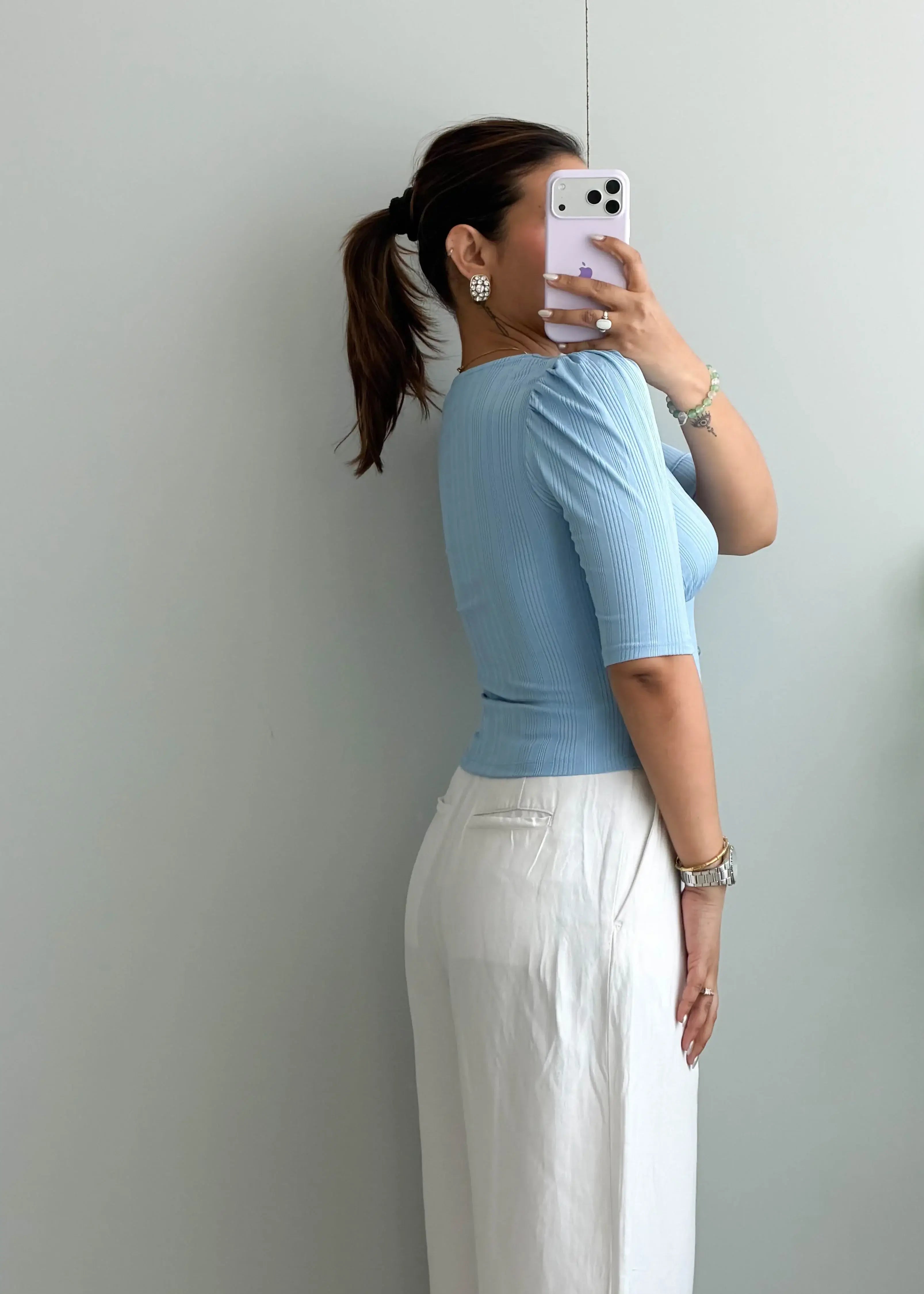 Size S-M, Light Blue Button Front Ribbed Top - Closet by Payal