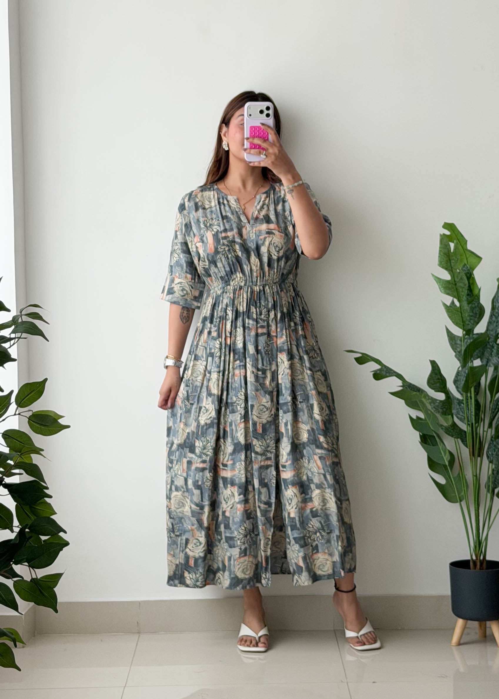 Size M-L, Grey Vintage Print Maxi Dress