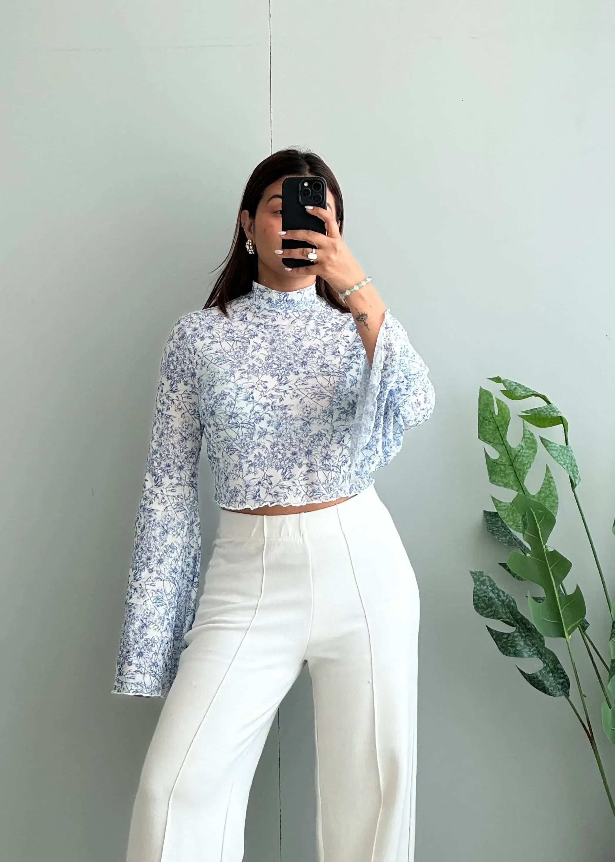 Size S-M, Blue Floral Bell Sleeve Crop Top for Women - Closet by Payal