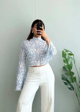 Size S-M, Blue Floral Bell Sleeve Crop Top for Women - Closet by Payal