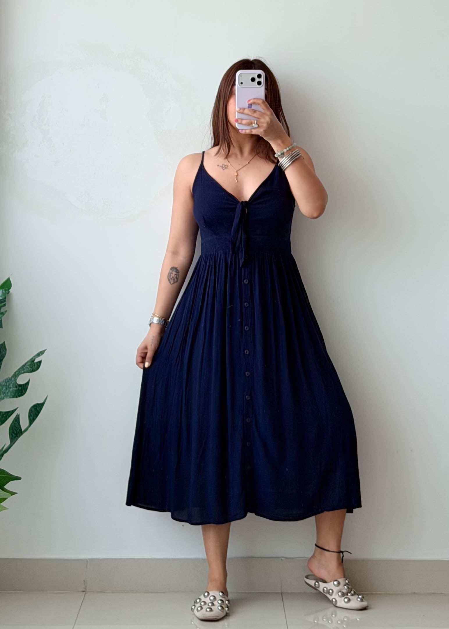 Size S-M Navy Blue Cotton Tie-Up Midi Dress